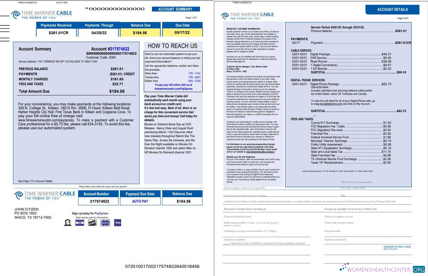 download download USA Time Warner Cabel utility bill, Word and PDF template, 3 pages 1 2 PDF template PDF template